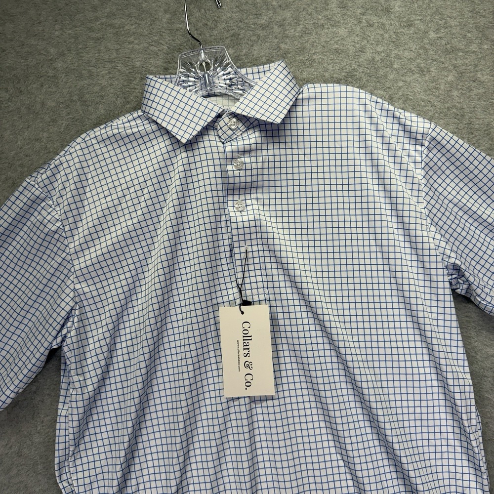 Collars & Co Dress Collar Polo Shirt Mens MT Blue Check Performance Stretch